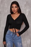 Kadın Siyah Uzun Kol Drapeli Bağcık Detaylı Crop Top Bluz