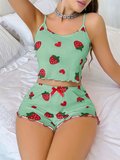 Kadın Yeşil Çilek Desenli Şortlu Pijama Takımı Sevimli Rahat ’li Set