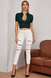 Kadın Yeşil Fermuar Detaylı Modern Kesim Crop Bluz