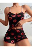 Kadın Siyah Dudak Desenli Şortlu Pijama Takımı