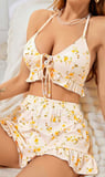 Kadın Çiçekli Ekru Askılı Şortlu Pijama Takım