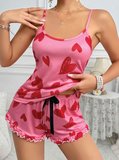 Kadın Pembe Kalp Baskılı Şortlu Gecelik Pijama Takımı