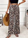 Gökyüzü Moda Kadın Yüksek Bel Beli Lastikli Bağcıklı Leopar Desenli Süprem Pantolon