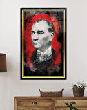 Gold Şerit Kırmızı Siyah Fonlu Atatürk Cam Tablo, Uv Baskılı ve Temperli, Hediyelik