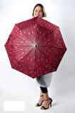 Bordo Damla Desenli Fiberglass Güçlü Mekanizma Tam Otomatik Kadın Şemsiye