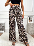 gelirr Kadın Yüksek Bel Beli Lastikli Bağcıklı Leopar Desenli Süprem Pantolon