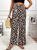 gelirr Kadın Yüksek Bel Beli Lastikli Bağcıklı Leopar Desenli Süprem Pantolon