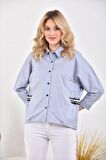 Yan ve Arka Şeritli Uzun Yarasa Kollu Gri Kadın Gömlek