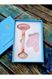 Pembe Kuvars Masaj Taşı Roller Ve Pembe Kuvars Taşı Gua Sha (kalp Tasarımlı) Set