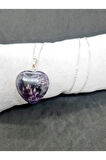 Sertifikalı Doğal Ametist Kalp Kolye Zincir Dahil