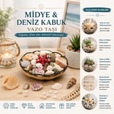 AHŞAP YUVARLAK SEPET - FİLELİ RENKLİ MİX MİDYE - DENİZ KABUK VAZO TAŞI (5517)