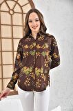 Çiçek Desenli Fitilli Uzun Kollu Kahverengi Kadın Gömlek