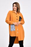 Cepli ve Baskılı Uzun Kollu Hardal Kadın Gömlek