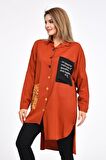 Cepli ve Baskılı Uzun Kollu Kiremit Kadın Gömlek