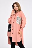 Cepli ve Baskılı Uzun Kollu Somon Kadın Gömlek