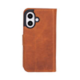 Apple iPhone 16 Plus uyumlu, Hakiki Deri, El Yapımı, Cüzdanlı Kılıf, Karamel