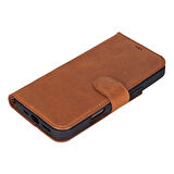 Apple iPhone 16 Pro uyumlu, Hakiki Deri, El Yapımı, Cüzdanlı Kılıf, Karamel