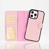 Apple iPhone 16 Pro uyumlu, Hakiki Deri, El Yapımı, Cüzdanlı Kılıf, Toz Pembe