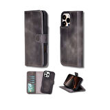 Apple iPhone 16 Pro uyumlu, Hakiki Deri, El Yapımı, Cüzdanlı Kılıf, Gölgeli Gri