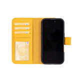 Apple iPhone 16 Plus uyumlu, Hakiki Deri, El Yapımı, Cüzdanlı Kılıf, Limon Sarı
