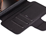 Apple iPhone 16 Pro uyumlu, Hakiki Deri, El Yapımı, Cüzdanlı Kılıf, Parlak Siyah