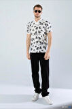Erkek Slim Fit Kesim Yaprak Desenli Dijital Baskılı Y Yaka Pamuklu Likralı Yakalı Kısa Kol T-Shirt