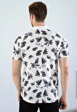 Erkek Slim Fit Kesim Yaprak Desenli Dijital Baskılı Y Yaka Pamuklu Likralı Yakalı Kısa Kol T-Shirt
