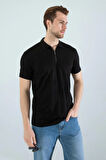 Gardolap VIP Giyim Erkek Slim Fit Likralı Yarım Fermuarlı Polo Yaka Dikine Çizgi Desenli Pamuklu Likralı Kısa Kol T-Shirt