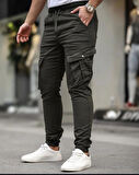 Erkek Slim Fit Full Likralı Bel ve Paça Lastikli Kargo Cep Pantolon