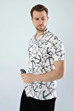 Gardolap VIP Giyim Erkek Slim Fit Kesim Çapa Desenli Dijital Baskılı Apaş Yaka Pamuklu Kısa Kol Gömlek
