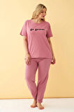 Moda Kadın Somon Go Getter Yazılı Büyük Beden Pijama Takımı