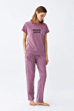 Moda Kadın Mor Yıldız Desenli Penye Kısa Kol Pijama Takımı