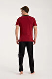 Moda Erkek Bordo Düğmeli Yaka Kısa Kol Pijama Takımı