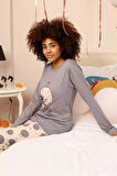 Moda Kadın Penye Uzun Kol Pijama Takım Gri