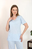 Moda Kadın Kısa Kol Pamuk Penye Pijama Takım Mavi
