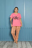 Moda Kadın %100 Pamuk Kısa Kol Büyük Beden Pijama Takım Pembe
