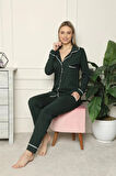 Moda Kadın %100 Pamuk Penye Önden Düğmeli Uzun Kol Pijama Takım Yeşil