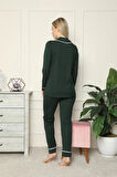 Moda Kadın %100 Pamuk Penye Önden Düğmeli Uzun Kol Pijama Takım Yeşil
