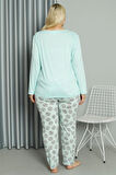 Moda Kadın Büyük Beden Penye Uzun Kol Pijama Takım Su Yeşili