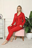 Moda Kadın %100 Pamuk Penye Önden Düğmeli Uzun Kol Pijama Takım Kırmızı
