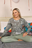 Moda Kadın Uzun Kol Penye Pijama Takım Füme
