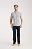 Moda Erkek Gri Düğmeli Yaka Kısa Kol Pijama Takımı