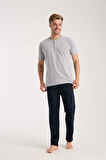 Moda Erkek Gri Düğmeli Yaka Kısa Kol Pijama Takımı