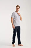 Moda Erkek Gri Düğmeli Yaka Kısa Kol Pijama Takımı