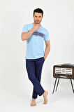 Moda Erkek Pamuk Kısa Kol Pijama Takım Mavi