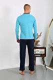 Moda Erkek Penye Uzun Kol Pijama Takımı Turkuaz