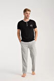 Moda Erkek Siyah Düğmeli Yaka Kısa Kol Pijama Takımı