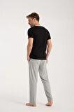 Moda Erkek Siyah Düğmeli Yaka Kısa Kol Pijama Takımı