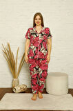 Moda Kadın Pamuklu Cepli Kısa Kol Büyük Beden Pijama Takım Fuşya