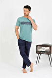 Moda Erkek Pamuk Kısa Kol Pijama Takım SuYeşili